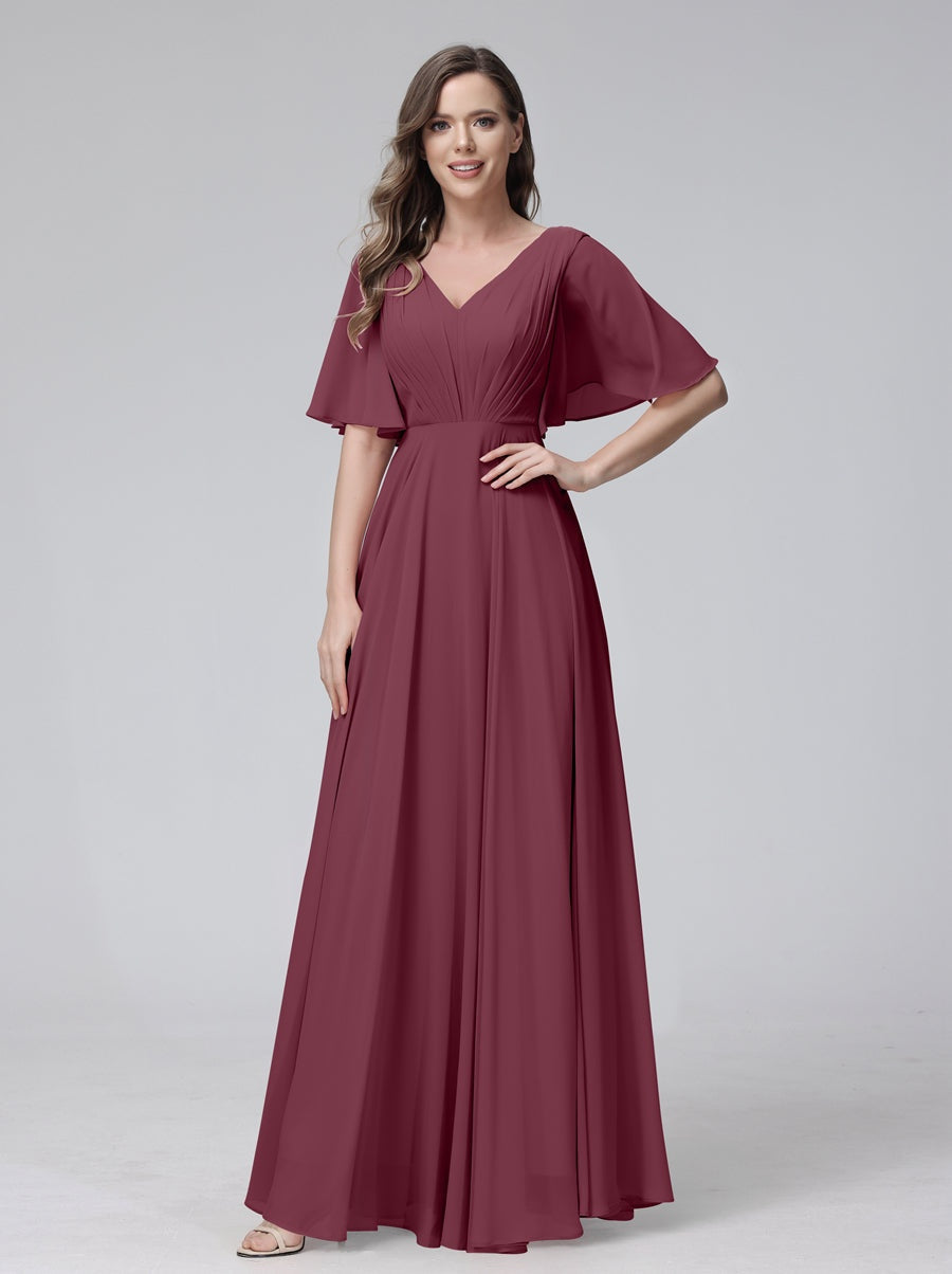 Princess A-Line Floor-Length V-Neck Bridesmaid Dresses With Half Sleeves, Ruffles & Pockets