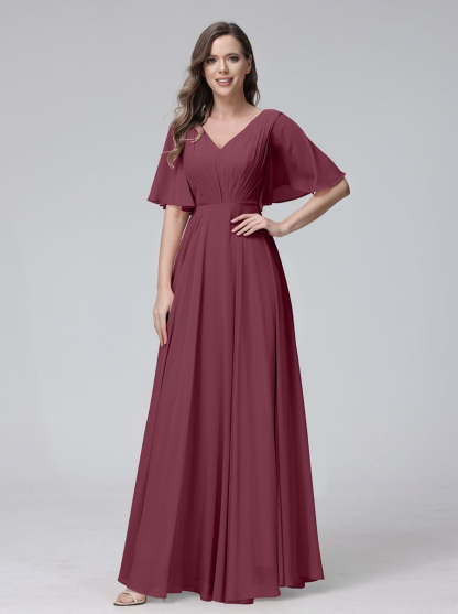 Princess A-Line Floor-Length V-Neck Bridesmaid Dresses With Half Sleeves, Ruffles & Pockets