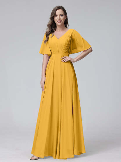 Princess A-Line Floor-Length V-Neck Bridesmaid Dresses With Half Sleeves, Ruffles & Pockets