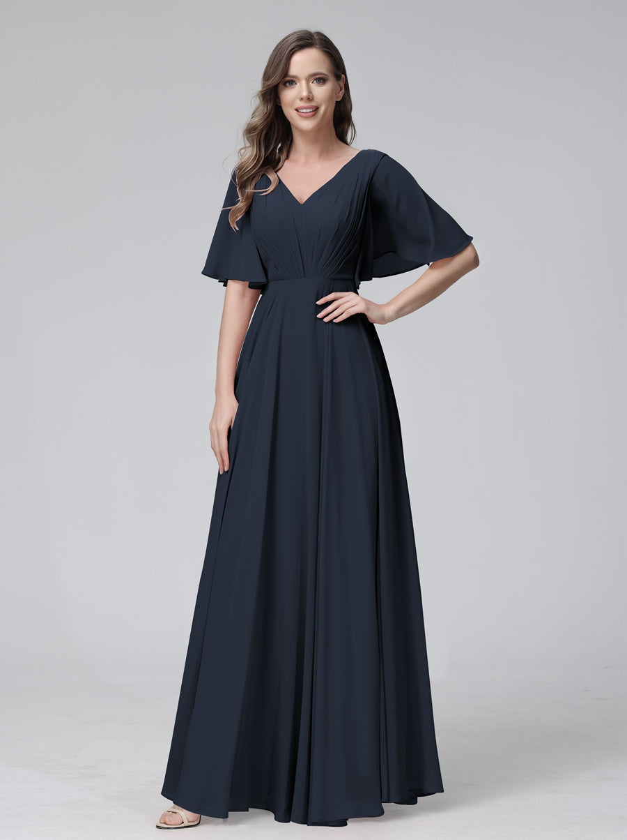 Princess A-Line Floor-Length V-Neck Bridesmaid Dresses With Half Sleeves, Ruffles & Pockets