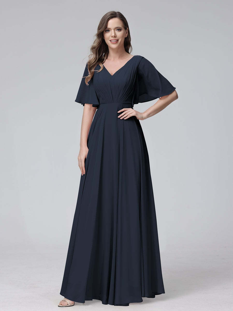 Princess A-Line Floor-Length V-Neck Bridesmaid Dresses With Half Sleeves, Ruffles & Pockets