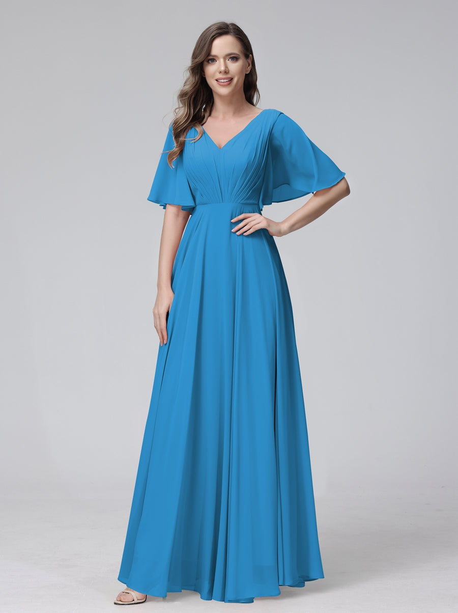 Princess A-Line Floor-Length V-Neck Bridesmaid Dresses With Half Sleeves, Ruffles & Pockets