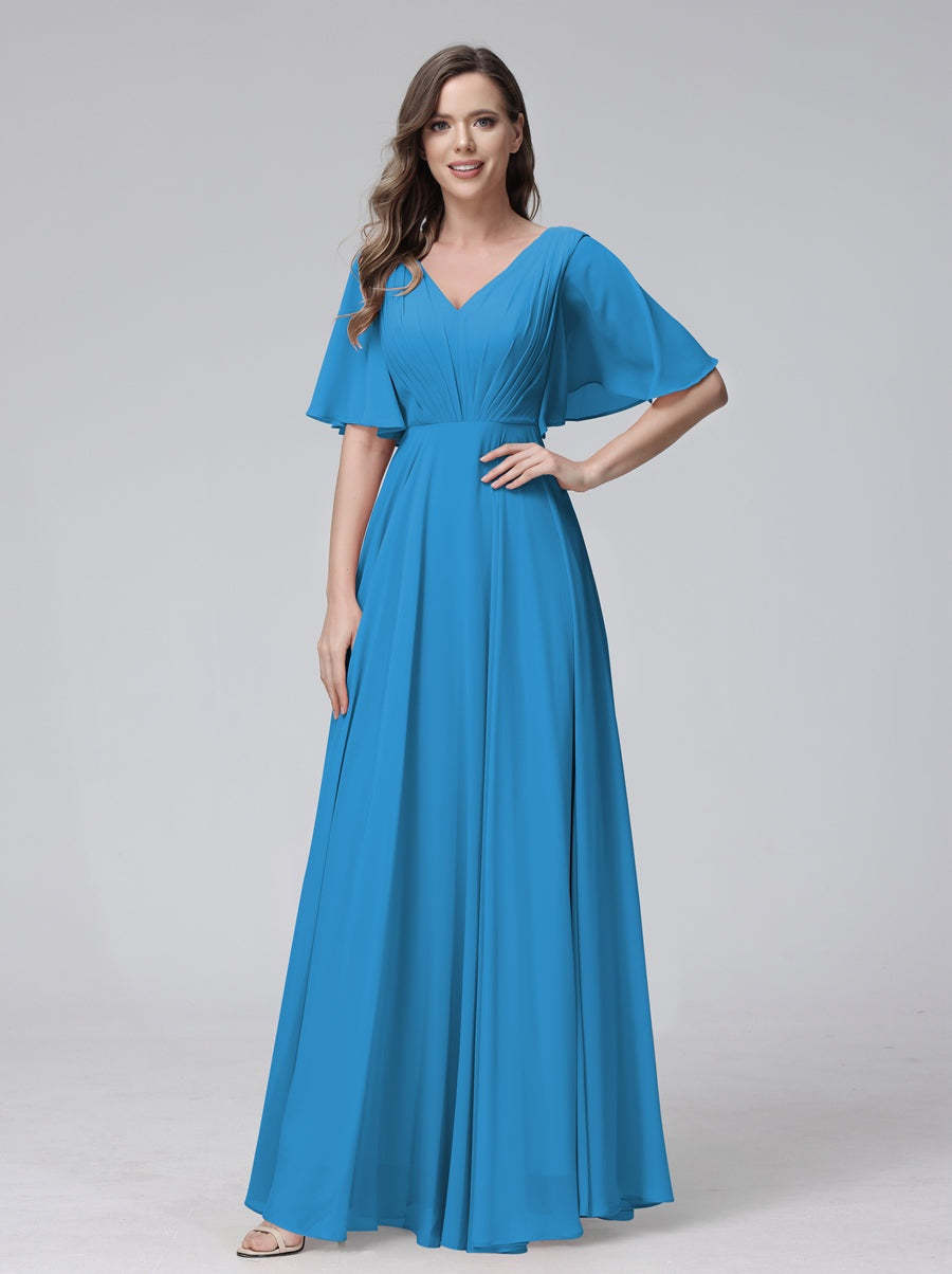Princess A-Line Floor-Length V-Neck Bridesmaid Dresses With Half Sleeves, Ruffles & Pockets