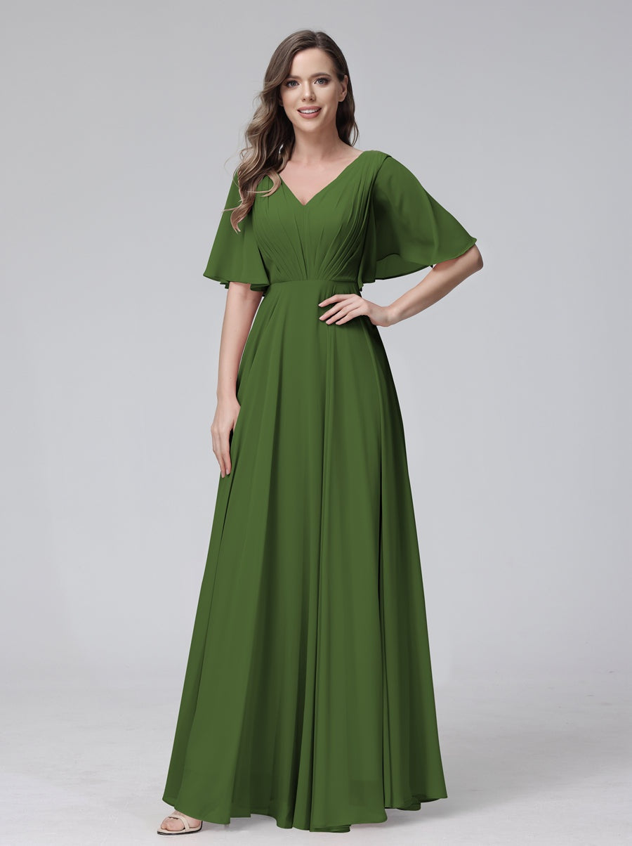 Princess A-Line Floor-Length V-Neck Bridesmaid Dresses With Half Sleeves, Ruffles & Pockets