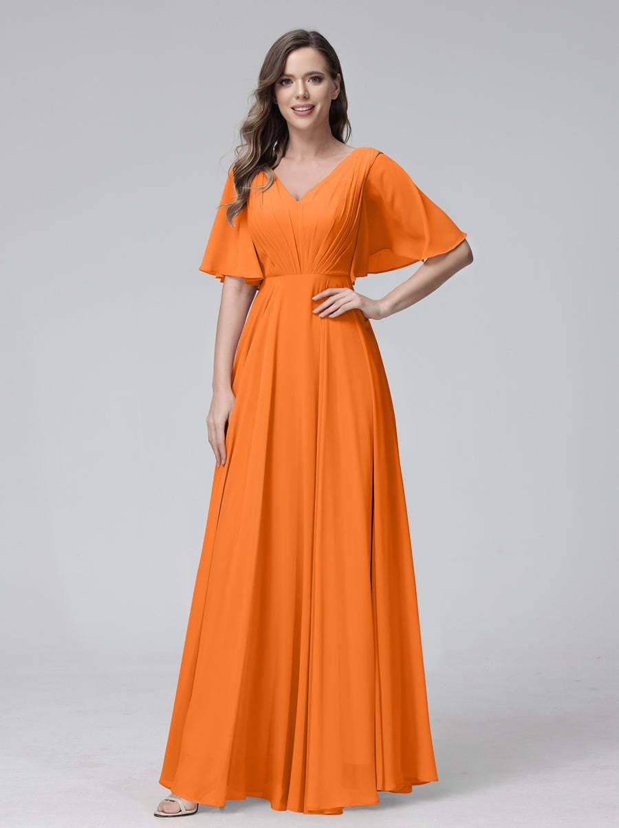 Princess A-Line Floor-Length V-Neck Bridesmaid Dresses With Half Sleeves, Ruffles & Pockets