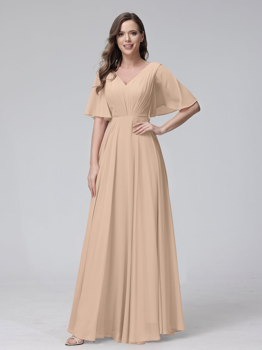 Princess A-Line Floor-Length V-Neck Bridesmaid Dresses With Half Sleeves, Ruffles & Pockets