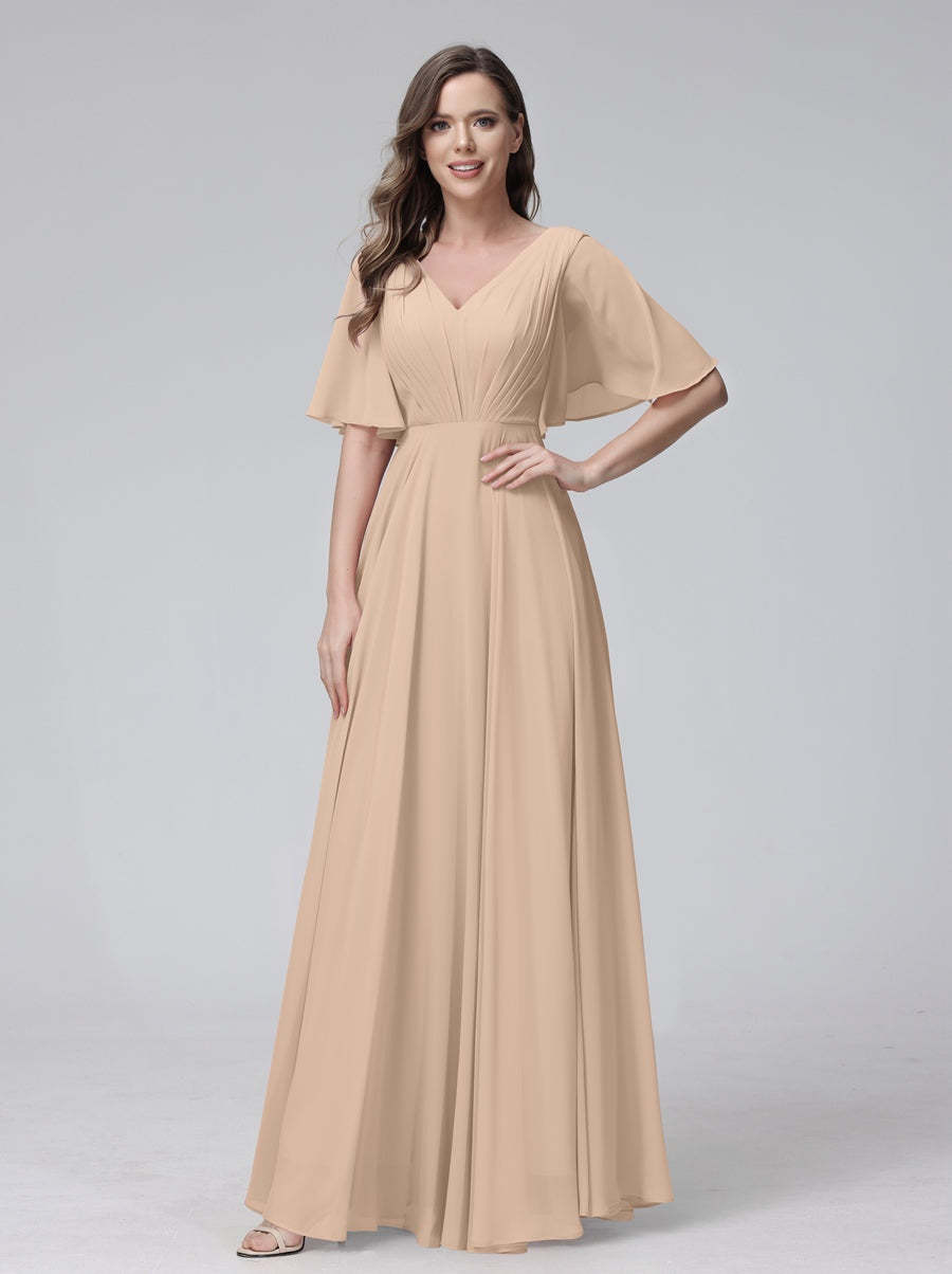 Princess A-Line Floor-Length V-Neck Bridesmaid Dresses With Half Sleeves, Ruffles & Pockets