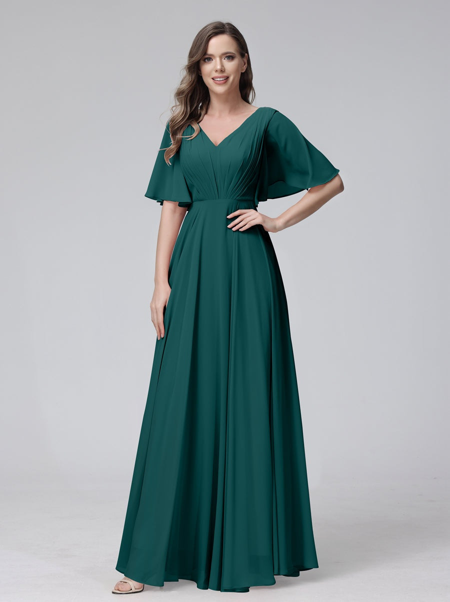Princess A-Line Floor-Length V-Neck Bridesmaid Dresses With Half Sleeves, Ruffles & Pockets