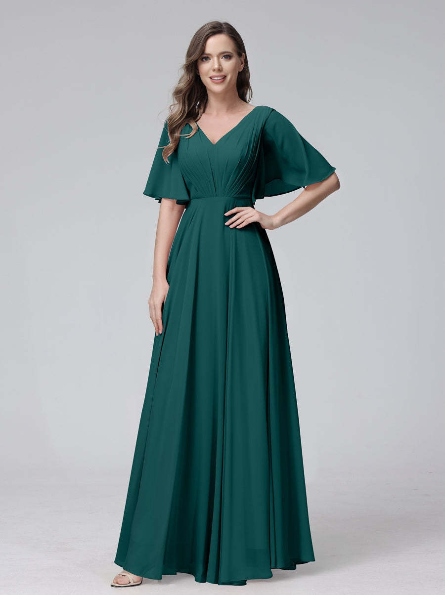 Princess A-Line Floor-Length V-Neck Bridesmaid Dresses With Half Sleeves, Ruffles & Pockets