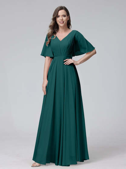 Princess A-Line Floor-Length V-Neck Bridesmaid Dresses With Half Sleeves, Ruffles & Pockets