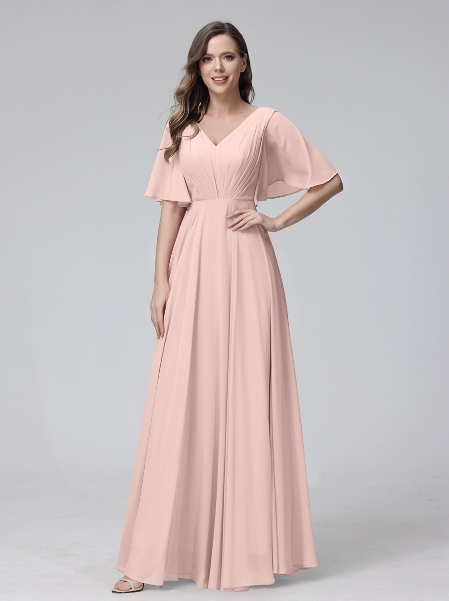Princess A-Line Floor-Length V-Neck Bridesmaid Dresses With Half Sleeves, Ruffles & Pockets