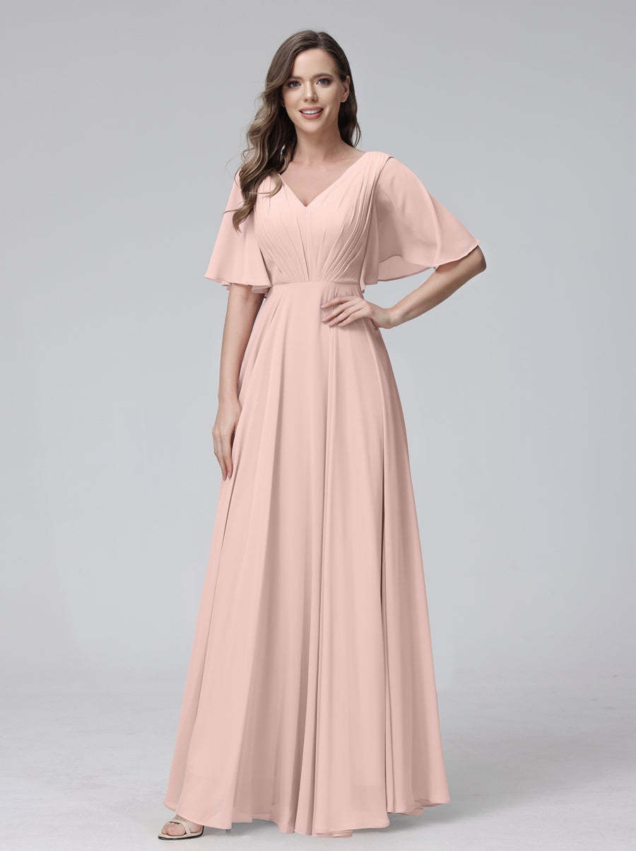 Princess A-Line Floor-Length V-Neck Bridesmaid Dresses With Half Sleeves, Ruffles & Pockets