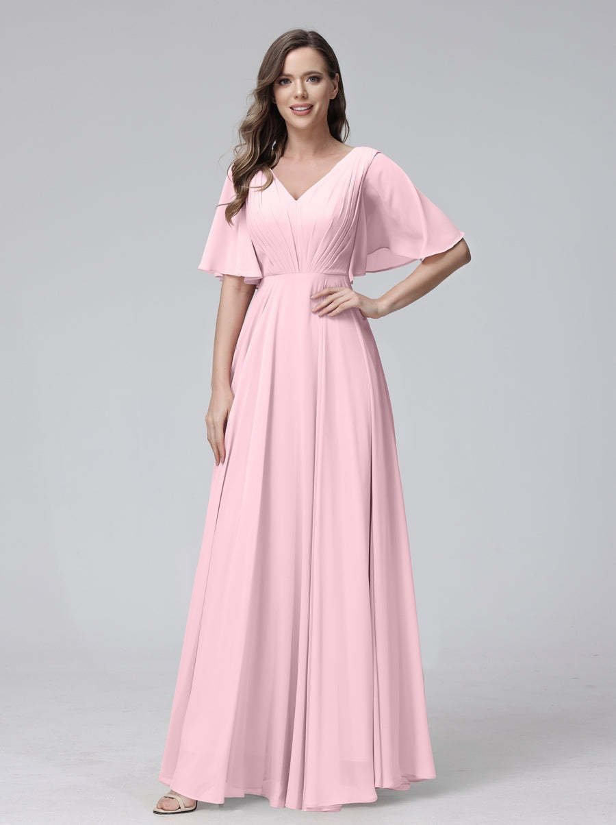 Princess A-Line Floor-Length V-Neck Bridesmaid Dresses With Half Sleeves, Ruffles & Pockets