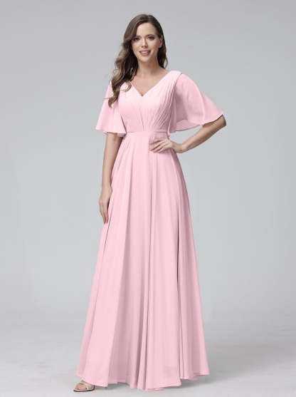 Princess A-Line Floor-Length V-Neck Bridesmaid Dresses With Half Sleeves, Ruffles & Pockets