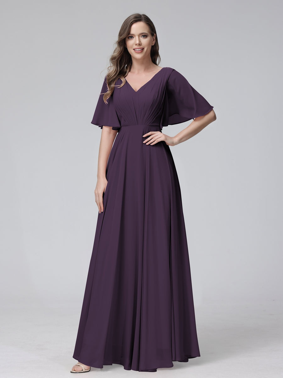 Princess A-Line Floor-Length V-Neck Bridesmaid Dresses With Half Sleeves, Ruffles & Pockets