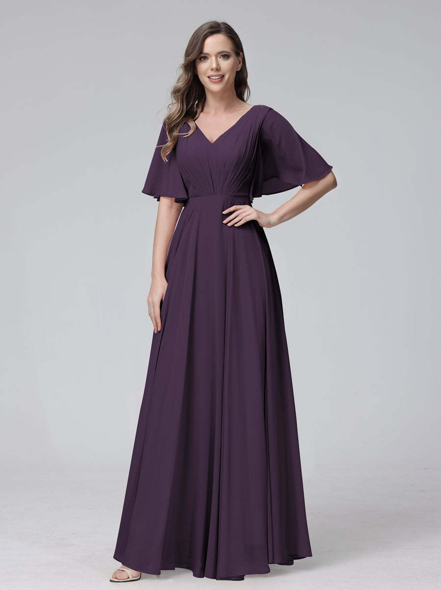 Princess A-Line Floor-Length V-Neck Bridesmaid Dresses With Half Sleeves, Ruffles & Pockets