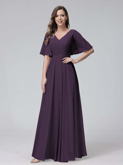Princess A-Line Floor-Length V-Neck Bridesmaid Dresses With Half Sleeves, Ruffles & Pockets