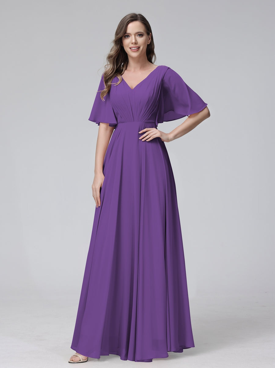 Princess A-Line Floor-Length V-Neck Bridesmaid Dresses With Half Sleeves, Ruffles & Pockets