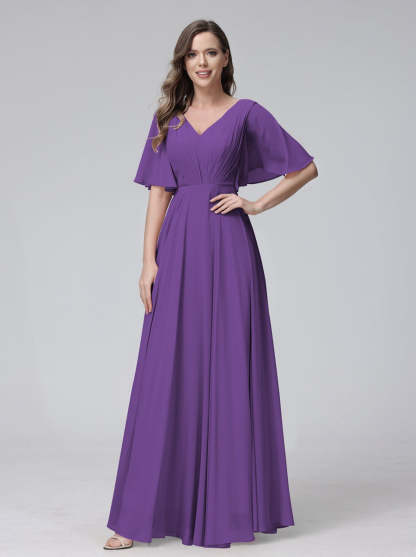 Princess A-Line Floor-Length V-Neck Bridesmaid Dresses With Half Sleeves, Ruffles & Pockets