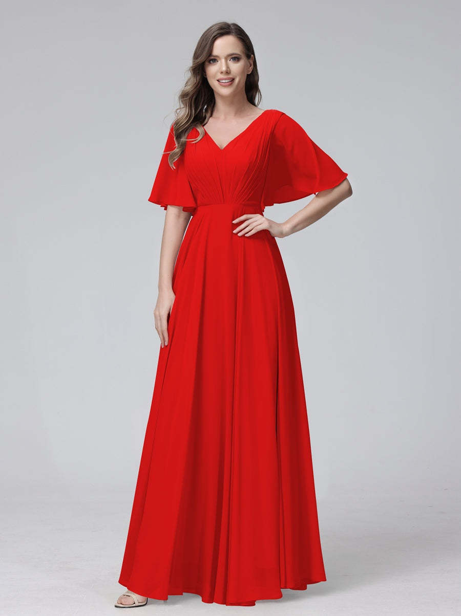 Princess A-Line Floor-Length V-Neck Bridesmaid Dresses With Half Sleeves, Ruffles & Pockets