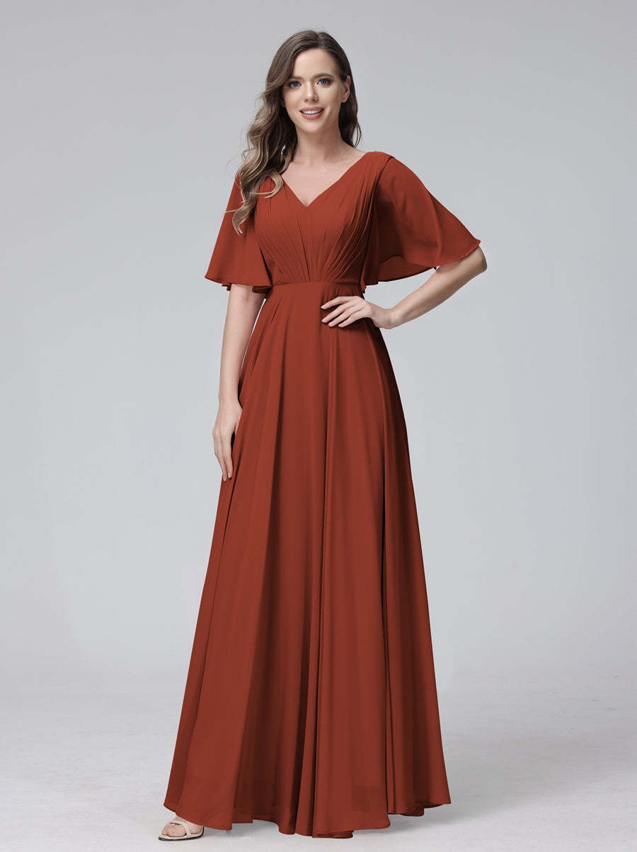 Princess A-Line Floor-Length V-Neck Bridesmaid Dresses With Half Sleeves, Ruffles & Pockets