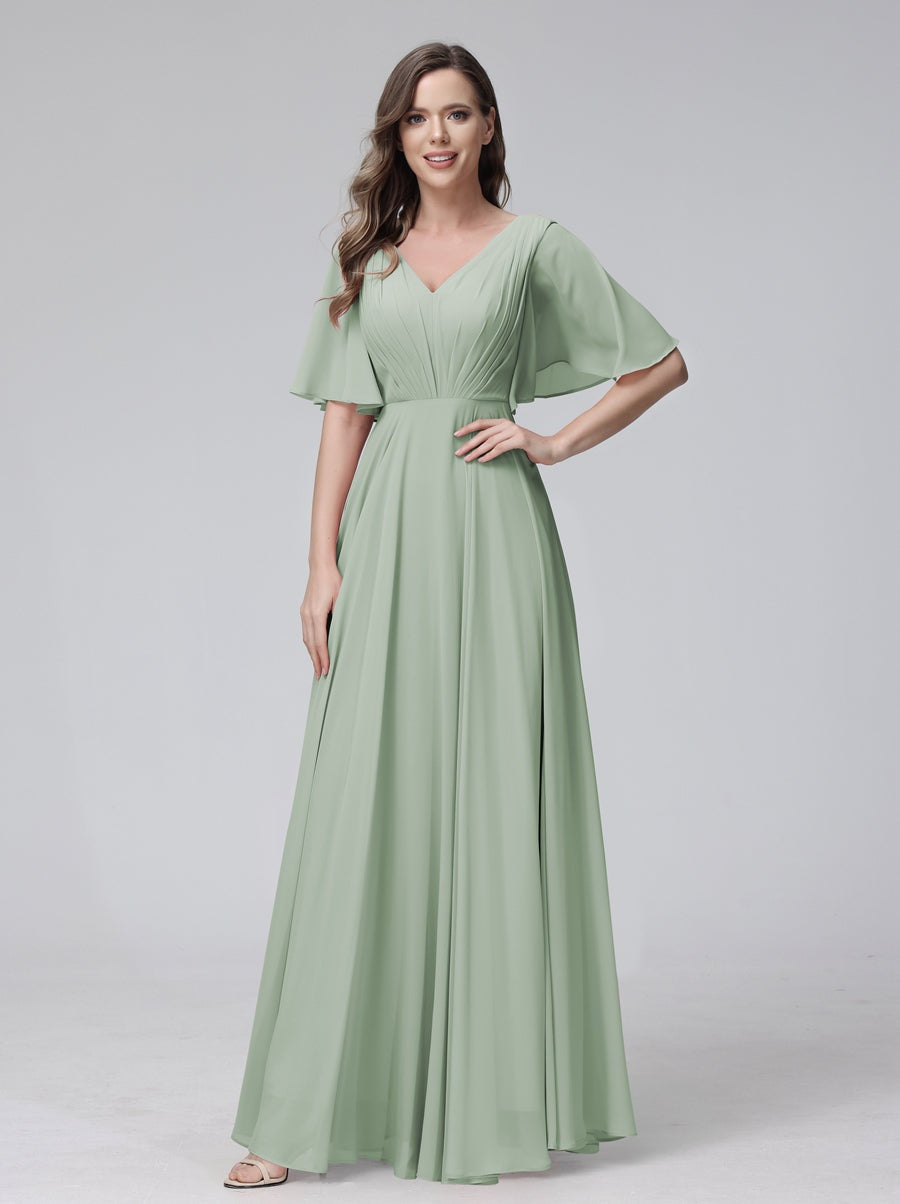 Princess A-Line Floor-Length V-Neck Bridesmaid Dresses With Half Sleeves, Ruffles & Pockets