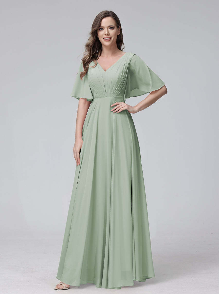 Princess A-Line Floor-Length V-Neck Bridesmaid Dresses With Half Sleeves, Ruffles & Pockets