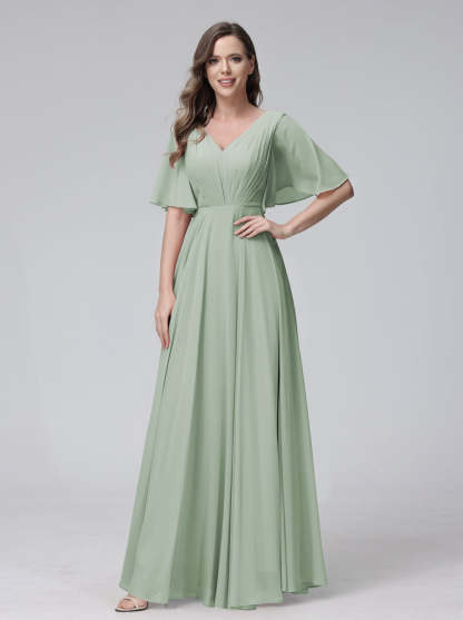 Princess A-Line Floor-Length V-Neck Bridesmaid Dresses With Half Sleeves, Ruffles & Pockets