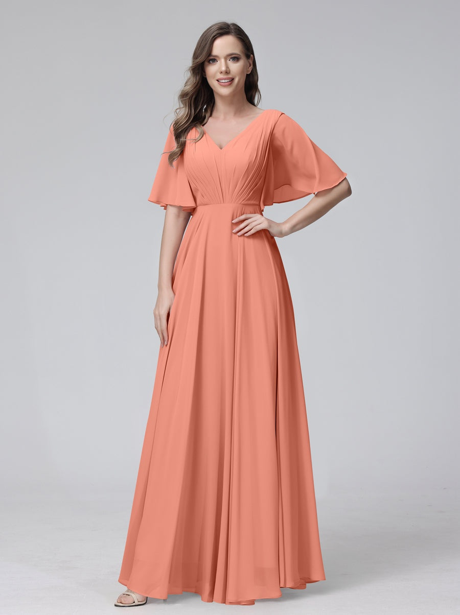 Princess A-Line Floor-Length V-Neck Bridesmaid Dresses With Half Sleeves, Ruffles & Pockets