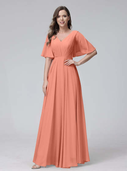 Princess A-Line Floor-Length V-Neck Bridesmaid Dresses With Half Sleeves, Ruffles & Pockets