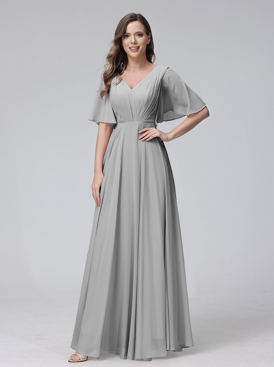 Princess A-Line Floor-Length V-Neck Bridesmaid Dresses With Half Sleeves, Ruffles & Pockets