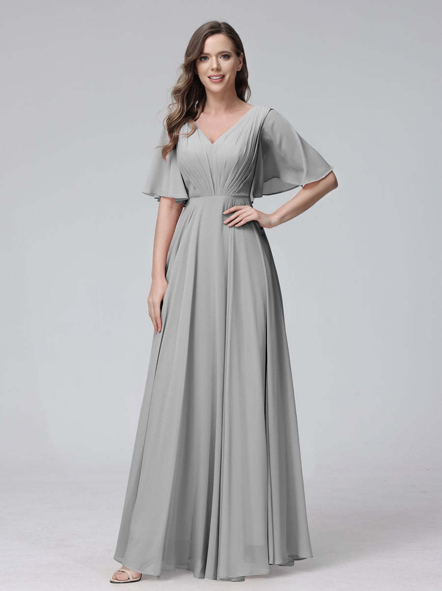 Princess A-Line Floor-Length V-Neck Bridesmaid Dresses With Half Sleeves, Ruffles & Pockets