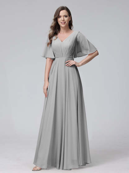 Princess A-Line Floor-Length V-Neck Bridesmaid Dresses With Half Sleeves, Ruffles & Pockets
