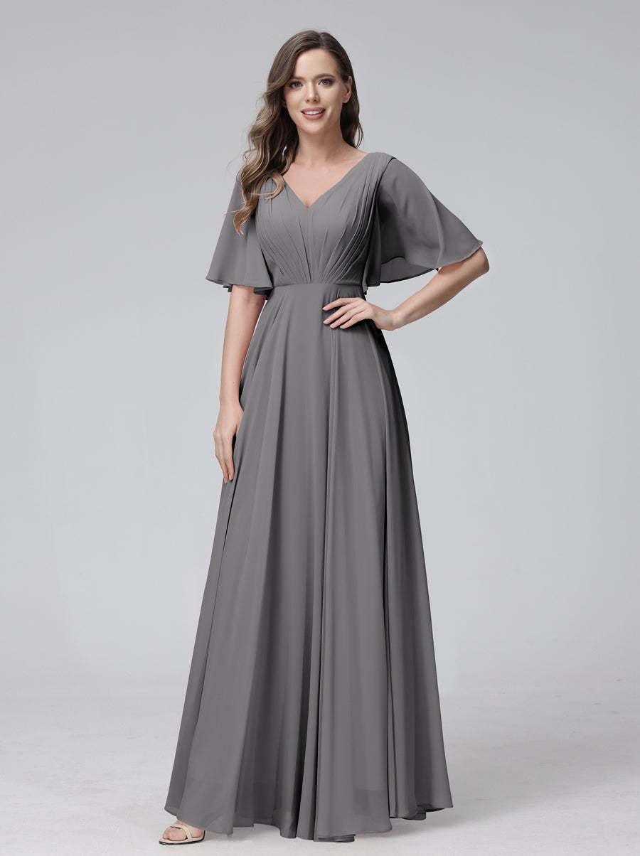 Princess A-Line Floor-Length V-Neck Bridesmaid Dresses With Half Sleeves, Ruffles & Pockets