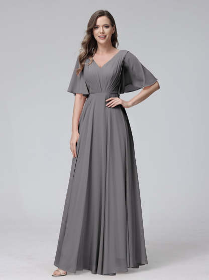 Princess A-Line Floor-Length V-Neck Bridesmaid Dresses With Half Sleeves, Ruffles & Pockets