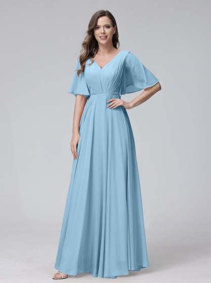 Princess A-Line Floor-Length V-Neck Bridesmaid Dresses With Half Sleeves, Ruffles & Pockets