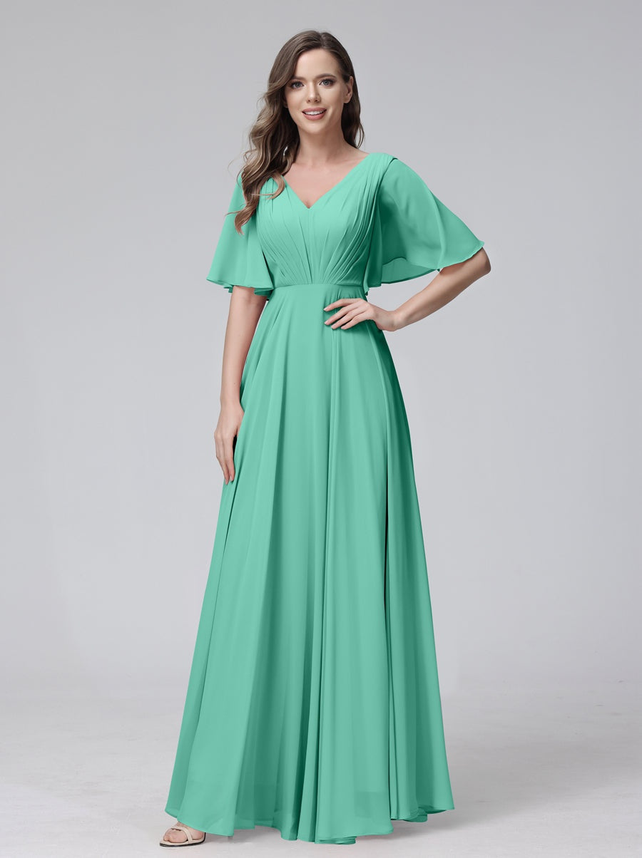 Princess A-Line Floor-Length V-Neck Bridesmaid Dresses With Half Sleeves, Ruffles & Pockets