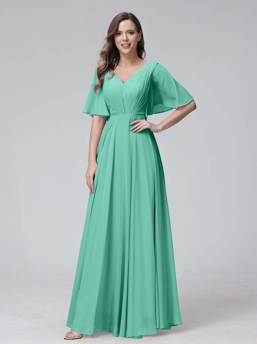 Princess A-Line Floor-Length V-Neck Bridesmaid Dresses With Half Sleeves, Ruffles & Pockets