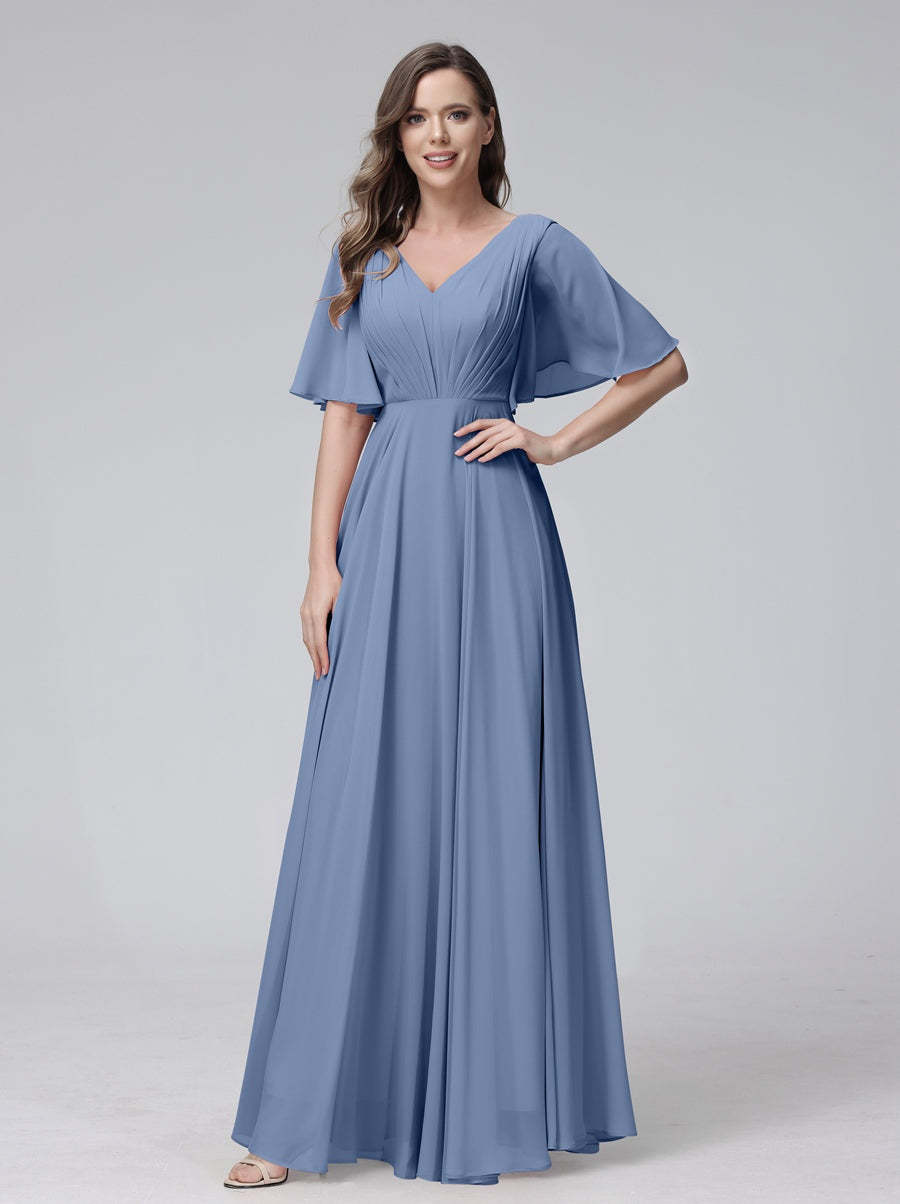Princess A-Line Floor-Length V-Neck Bridesmaid Dresses With Half Sleeves, Ruffles & Pockets