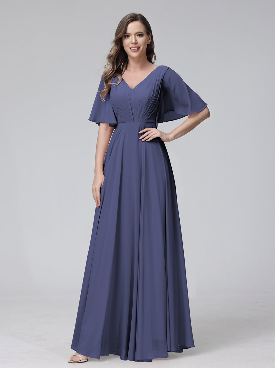 Princess A-Line Floor-Length V-Neck Bridesmaid Dresses With Half Sleeves, Ruffles & Pockets