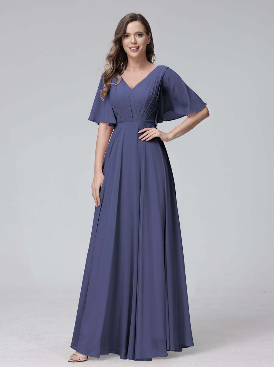 Princess A-Line Floor-Length V-Neck Bridesmaid Dresses With Half Sleeves, Ruffles & Pockets