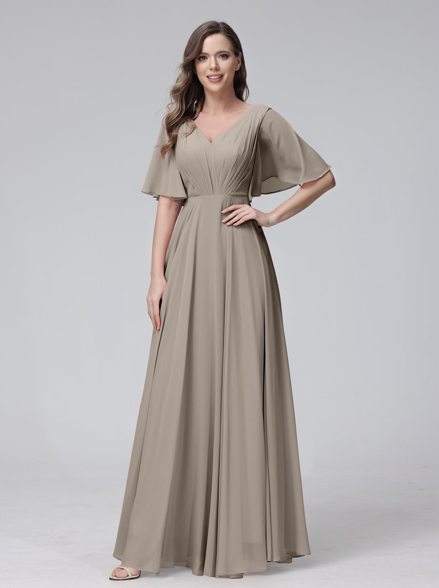 Princess A-Line Floor-Length V-Neck Bridesmaid Dresses With Half Sleeves, Ruffles & Pockets