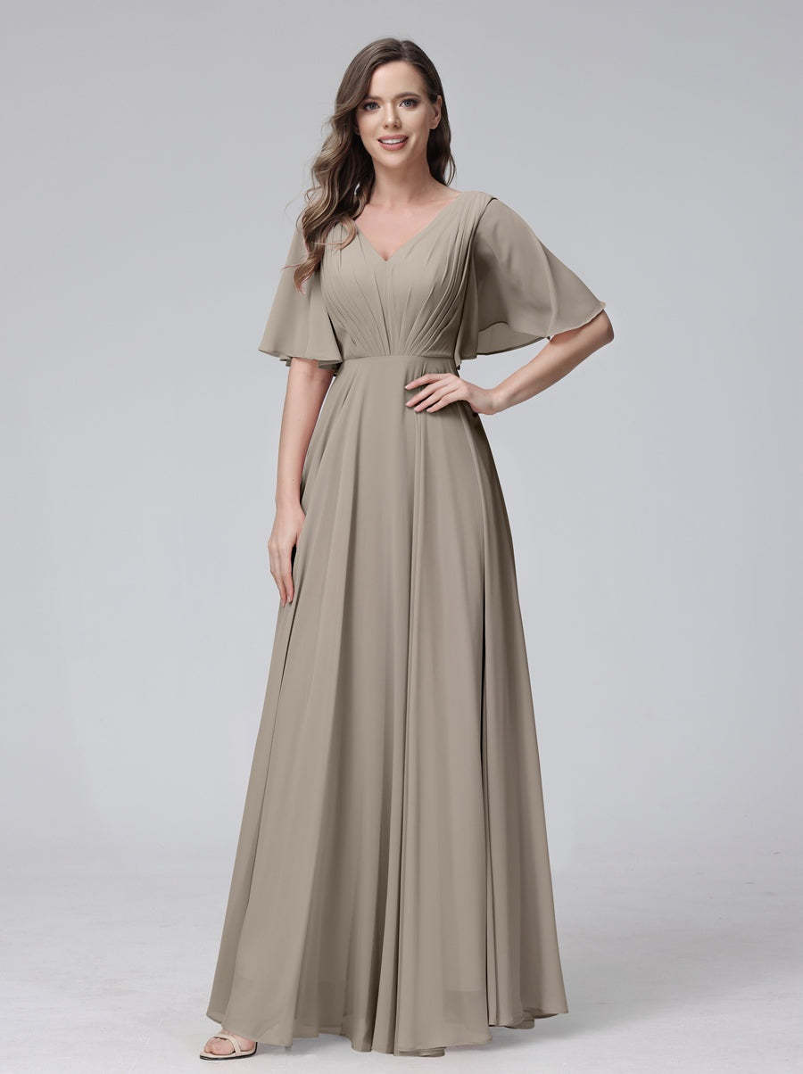 Princess A-Line Floor-Length V-Neck Bridesmaid Dresses With Half Sleeves, Ruffles & Pockets