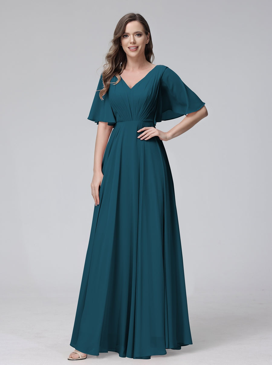 Princess A-Line Floor-Length V-Neck Bridesmaid Dresses With Half Sleeves, Ruffles & Pockets