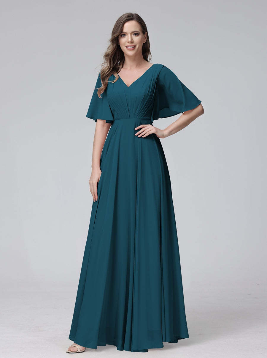 Princess A-Line Floor-Length V-Neck Bridesmaid Dresses With Half Sleeves, Ruffles & Pockets