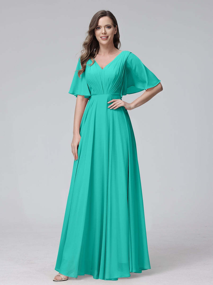 Princess A-Line Floor-Length V-Neck Bridesmaid Dresses With Half Sleeves, Ruffles & Pockets