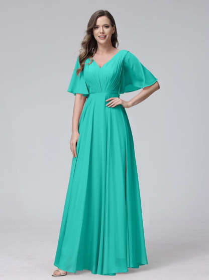 Princess A-Line Floor-Length V-Neck Bridesmaid Dresses With Half Sleeves, Ruffles & Pockets
