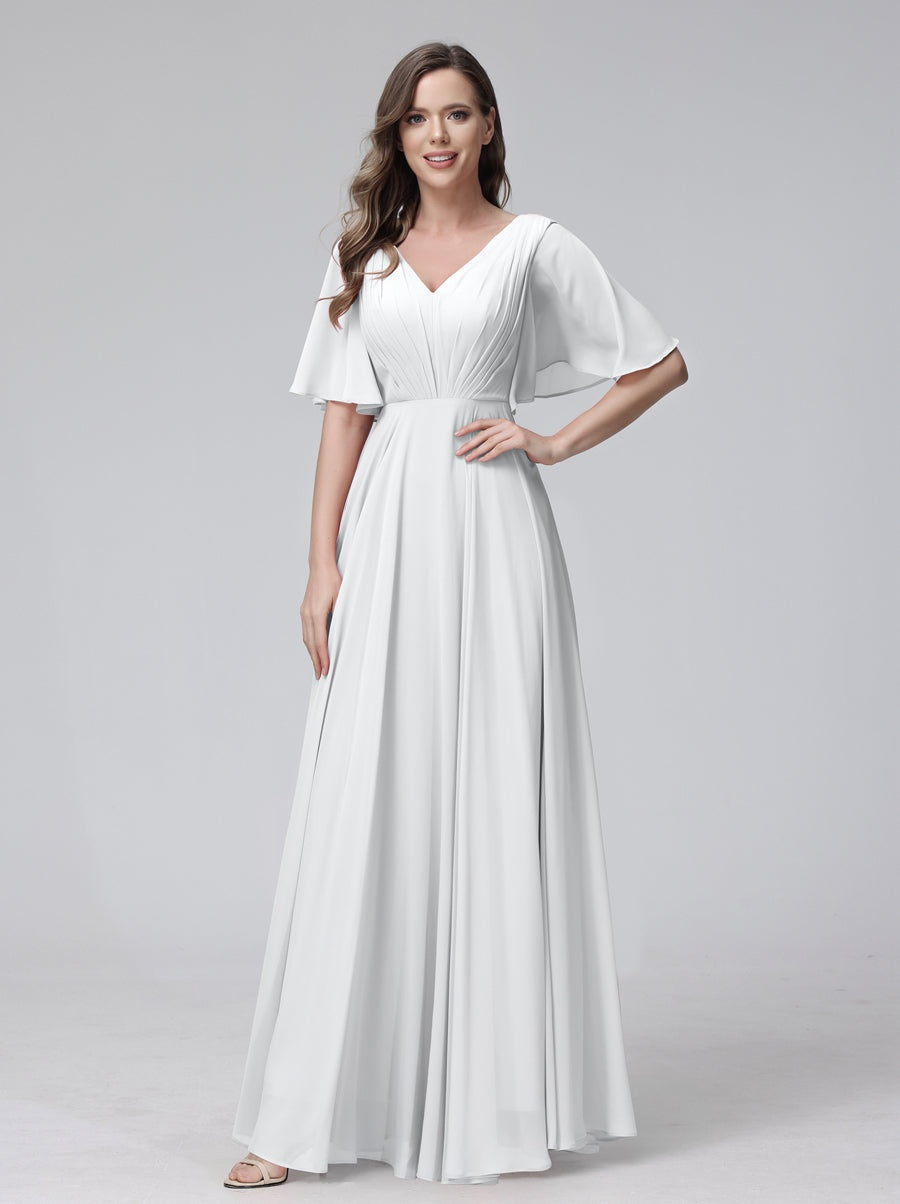 Princess A-Line Floor-Length V-Neck Bridesmaid Dresses With Half Sleeves, Ruffles & Pockets