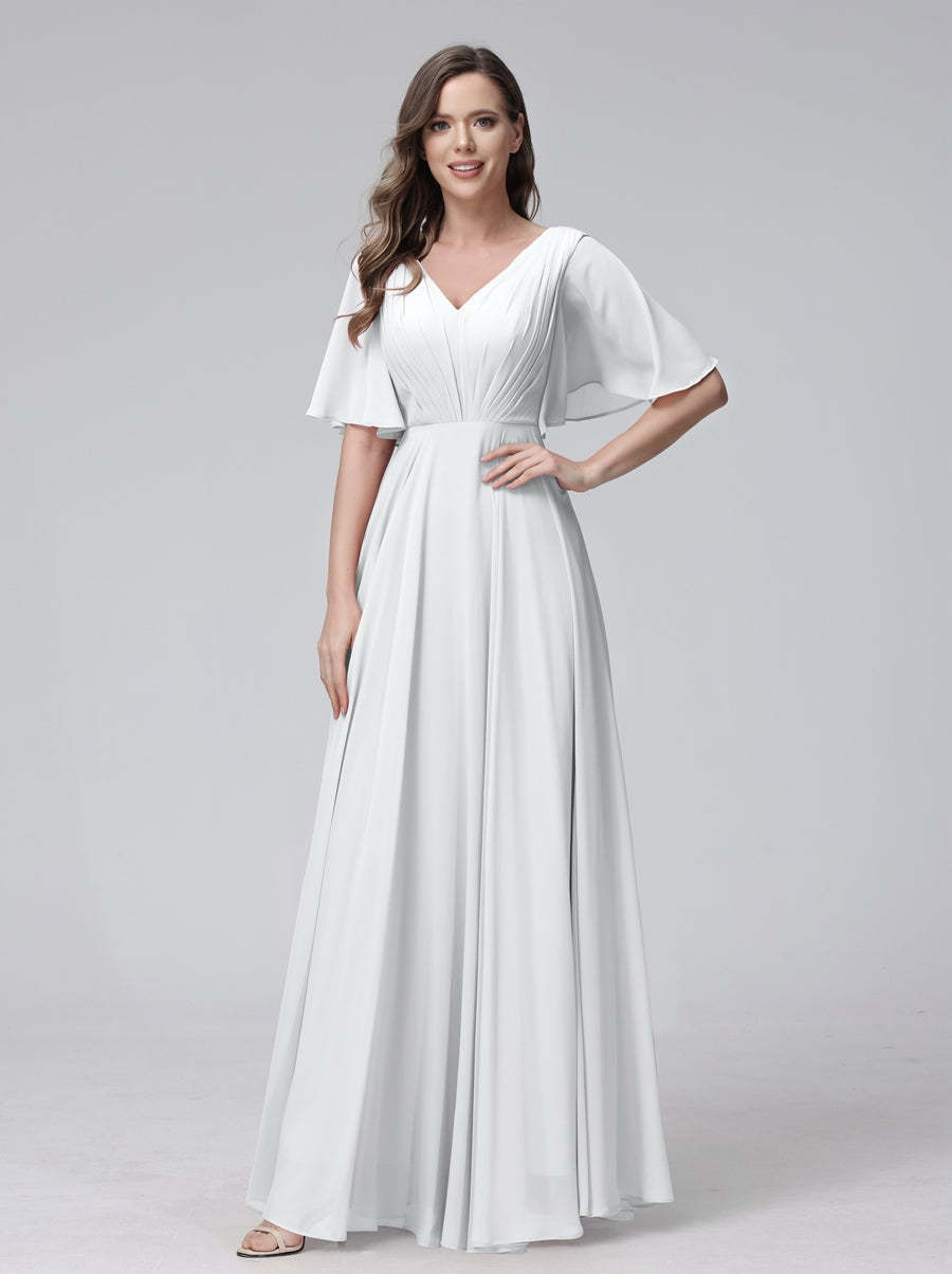Princess A-Line Floor-Length V-Neck Bridesmaid Dresses With Half Sleeves, Ruffles & Pockets