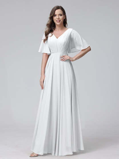 Princess A-Line Floor-Length V-Neck Bridesmaid Dresses With Half Sleeves, Ruffles & Pockets